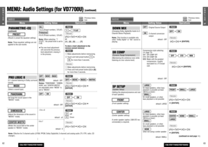 Page 296347E
N
G
L
I
S
H
CQ-VD7700U/VD7500U
6246E
N
G
L
I
S
H
CQ-VD7700U/VD7500U
MENU: 
Audio Settings (for VD7700U)
(continued): Previous menu
: Exit
PARAMETRIC–EQ(continued)
(Recall or preset the equalizer setting)
Note:These equalizer settings are not
applied to the sub-woofer.
PRESET
:
1 to 3 (Preset number), 7(FLAT)
:
4 to 6 (Preset number), 7(FLAT)
Note:When selecting  “7
(FLAT)”, the preset level is set to
0 dB.
¡The new level adjustment
will overwrite the previous
level adjustment, erasing it
in the...