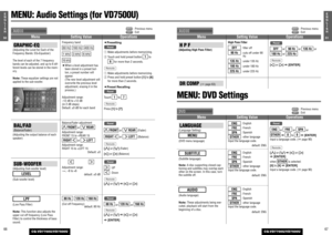 Page 316751E
N
G
L
I
S
H
CQ-VD7700U/VD7500U
6650E
N
G
L
I
S
H
CQ-VD7700U/VD7500U
MENU: Audio Settings (for VD7500U)
: Previous menu
: Exit
GRAPHIC-EQ(Adjusting the Level for Each of the
Frequency Bands: EQ=Equalizer)
The level of each of the 7 frequency
bands can be adjusted, and up to 6 dif-
ferent levels can be stored in the mem-
ory.
Note:These equalizer settings are not
applied to the sub-woofer.Frequency band
¡When a level adjustment has
been stored in a preset but-
ton, a preset number will
appear. 
(The...