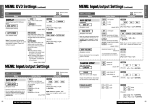 Page 326953E
N
G
L
I
S
H
CQ-VD7700U/VD7500U
6852E
N
G
L
I
S
H
CQ-VD7700U/VD7500U
MENU: DVD Settings 
(continued)
MENU: Input/output Settings 
(continued)
: Previous menu
: Exit
DISPLAY(Display Aspect and DVD Software
Mode)(Display aspect setting)
DVD ASPECT
: 
plays a video in wide screen
(16:9).
: 
plays a video in 4:3 screen.
default: WIDE
NARROWWIDE
or 
[}
]or [
{
]a[]]or [[]
a[ENTER]
Remote
NARROW
WIDEPanel
(DVD software mode)Note:Screen aspect of the display
unit is changed according to the aspect
ratio...