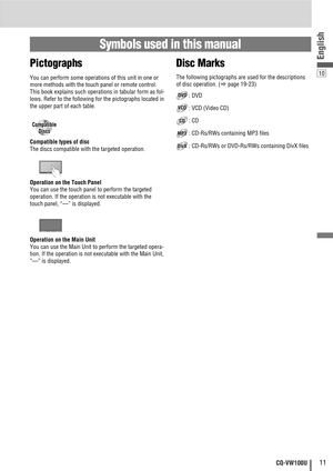 Page 1110
English
11CQ-VW100U
Pictographs
You can perform some operations of this unit in one or
more methods with the touch panel or remote control.
This book explains such operations in tabular form as fol-
lows. Refer to the following for the pictographs located in
the upper part of each table.
Symbols used in this manual
Disc Marks
The following pictographs are used for the descriptions
of disc operation. (
apage 19-23)
: DVD
: VCD (Video CD)
: CD
: CD-Rs/RWs containing MP3 files
: CD-Rs/RWs or DVD-Rs/RWs...