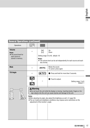 Page 1716
English
17CQ-VW100U
q Press and hold for more than 2 seconds.
w Touch to adjust.
Setting range: 1 to 6
default: 1
Operations
or
–
–
–
Tilt Angle
Mutes the sound.
To cancel, press again.[MUTE]
[
uTILT]
Mute
Note:
¡After adjusting its angle, also adjust the brightness as well. (apage 34)
¡The car model and installation conditions may impose some restrictions on the
adjustment of the monitors angle.
Warning
¡Do not touch the unit while the display is moving. Inserting hands, fingers or for-
eign objects...