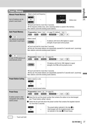 Page 2726
English
27CQ-VW100U
……
Touch and hold
Manual Preset Memory
Up to 6 stations can be
preset in each band. 
Preset Station Calling
Auto Preset Memory
6 stations with first to 6th highest in signal
strength of each band will be preset.
Preset Swap
qSelect the list and the preset number that contains the station to be interchanged 
(see “Preset station calling” above).
w Select the list and hold down the preset number that contains the targeted channel
for more than 2 seconds.
The preset station selected...