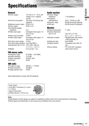 Page 4746
English
47CQ-VW100U
Specifications
General
¡Power supply : 12 V DC (11 V – 16 V), test
voltage 14.4 V, negative
ground
¡Current consumption : Less than 10 A (during disc
playback)
¡Maximum power output:50 W x 4 ch
¡Power output:20 W x 4 ch
¡Compatible speaker 
impedance : 4 Ω
¡Video input signal : Composite video signal, 1.0
Vp-p (75 Ω)
¡Audio input sensitivity : 2 Vrms
¡Video output signal : Composite video signal, 1.0
Vp-p (75 Ω)
¡Pre-Amp output voltage:2 Vrms
¡Pre-Amp output impedance:Less than 600...