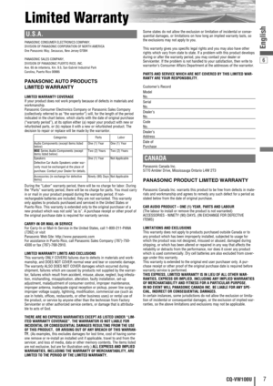 Page 76
7CQ-VW100U
English
Limited Warranty
U.S.A.
PANASONIC CONSUMER ELECTRONICS COMPANY, 
DIVISION OF PANASONIC CORPORATION OF NORTH AMERICA 
One Panasonic Way, Secaucus, New Jersey 07094
PANASONIC SALES COMPANY, 
DIVISION OF PANASONIC PUERTO RICO, INC.
Ave. 65 de infanteria, Km. 9.5, San Gabriel Industrial Park
Carolina, Puerto Rico 00985
PANASONIC AUTO PRODUCTS 
LIMITED WARRANTY
LIMITED WARRANTY COVERAGEIf your product does not work properly because of defects in materials and
workmanship.
Panasonic...