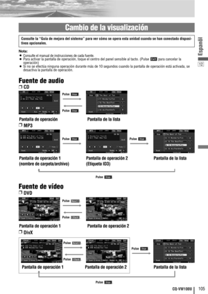 Page 1312
105CQ-VW100U
Espanõl
Pulse.
Nota:
¡Consulte el manual de instrucciones de cada fuente.¡Para activar la pantalla de operación, toque el centro del panel sensible al tacto. (Pulse  para cancelar la
operación)
¡Si no se efectúa ninguna operación durante más de 10 segundos cuando la pantalla de operación está activada, se
desactiva la pantalla de operación.
Cambio de la visualización
Pulse.
Fuente de audio
❒CD
Fuente de vídeo
❒DVD
❒DivX
Pantalla de operaciónPantalla de la lista
Pulse.
Pulse.
Pulse....