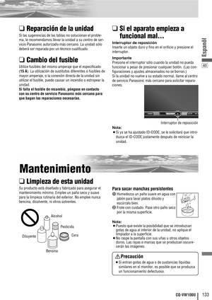 Page 4140
133CQ-VW100U
Espanõl
❑Reparación de la unidad
Si las sugerencias de las tablas no solucionan el proble-
ma, le recomendamos llevar la unidad a su centro de ser-
vicio Panasonic autorizado más cercano. La unidad sólo
deberá ser reparada por un técnico cualificado.
❑Cambio del fusible
Utilice fusibles del mismo amperaje que el especificado 
(
15 A). La utilización de sustitutos diferentes o fusibles de
mayor amperaje, o la conexión directa de la unidad sin
utilizar el fusible, puede causar un incendio o...