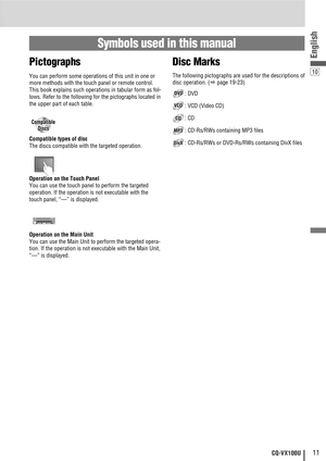 Page 1110
English
11CQ-VX100U
Pictographs
You can perform some operations of this unit in one or
more methods with the touch panel or remote control.
This book explains such operations in tabular form as fol-
lows. Refer to the following for the pictographs located in
the upper part of each table.
Symbols used in this manual
Disc Marks
The following pictographs are used for the descriptions of
disc operation. (
apage 19-23)
: DVD
: VCD (Video CD)
: CD
: CD-Rs/RWs containing MP3 files
: CD-Rs/RWs or DVD-Rs/RWs...