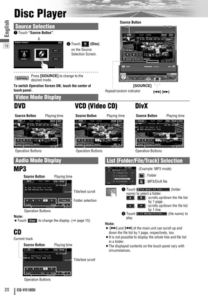 Page 2020CQ-VX100U
TILTCQ-VD5005WDIMMERDIM
TUNE / TRACKMUTESETUPSOURCEPOWERVOLPUSH SELAV1 IN
OPEN
CLOSE DIMMER
IN-DASH 7 WIDESCREEN COLOR LCD MONITOR / DVD RECEIVER
TILT
TEXTCQ-VX100U
SOURCE
19
English
Disc Player
Video Mode Display
qTouch (folder
name) to select a folder.
,  : scrolls up/down the file list
by 1 page.
,  : scrolls up/down the file list
by 1 line.
wTouch  (file name) to
play.
DVD VTRRADIOCH-CEND
: Folder
: MP3/DivX file
Note:
¡[d]and [s]of the main unit can scroll up and
down the file list by 1...