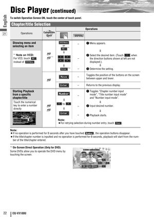 Page 2222CQ-VX100U
21
English
Disc Player(continued)
To switch Operation Screen ON, touch the center of touch panel.
Note:
¡If no operation is performed for 8 seconds after you have touched  , the operation buttons disappear.
¡If the title/chapter number is inputted and no operation is performed for 8 seconds, playback will start from the num-
ber of the title/chapter entered. 
*2On-Screen Direct Operation (Only for DVD)
Some DVDs allow you to operate the DVD menu by
touching the screen.
Operations
Operations...