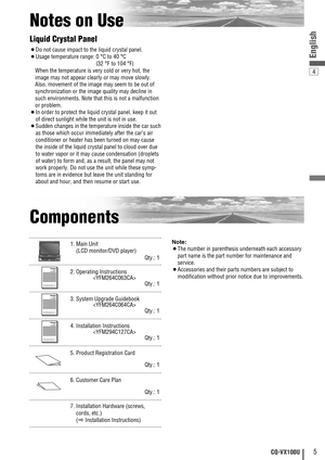 Page 54
5CQ-VX100U
English
Notes on Use
Components
7. Installation Hardware (screws,
cords, etc.) 
(
aInstallation Instructions) 6. Customer Care Plan
Qty.: 1
5. Product Registration Card
Qty.: 1
4. Installation Instructions

Qty.: 1XXXXXXXXXXXXXXX
XXXXXXXXXXXXXXXXX
XXXXXXXXXXXXXX
XXXXXXXXXXXXXXXXOO-OOOOO
3. System Upgrade Guidebook

Qty.: 1XXXXXXXXXXXXXXX
XXXXXXXXXXXXXXXXX
XXXXXXXXXXXXXX
XXXXXXXXXXXXXXXXOO-OOOOO
2. Operating Instructions

Qty.: 1XXXXXXXXXXXXXXX
XXXXXXXXXXXXXXXXX
XXXXXXXXXXXXXX...