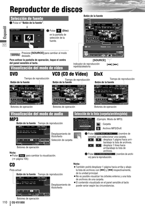 Page 1817
110CQ-VX100U
Espanõl
Reproductor de discos
Visualización del modo de vídeo
qPulse (nombre de
carpeta) para seleccionar una carpeta.
, : desplaza 1 página hacia arri-
ba/abajo la lista de archivos.
, : desplaza 1 línea hacia
arriba/abajo la lista de
archivos.
wPulse (nombre de archi-
vo) para la reproducción.
DVD VTRRADIOCH-CEND
: Carpeta
: Archivo MP3/DivX
Nota:
¡También podrá desplazar 1 página hacia arriba y abajo
la lista de archivos con 
[d]y [s]respectivamente,
de la unidad principal. 
¡No es...