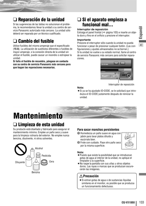 Page 4140
133CQ-VX100U
Espanõl
❑Reparación de la unidad
Si las sugerencias de las tablas no solucionan el proble-
ma, le recomendamos llevar la unidad a su centro de ser-
vicio Panasonic autorizado más cercano. La unidad sólo
deberá ser reparada por un técnico cualificado.
❑Cambio del fusible
Utilice fusibles del mismo amperaje que el especificado 
(
15 A). La utilización de sustitutos diferentes o fusibles de
mayor amperaje, o la conexión directa de la unidad sin
utilizar el fusible, puede causar un incendio o...