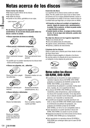 Page 4241
134CQ-VX100U
Espanõl
Notas acerca de los discos
Cómo tomar los discos
¡No toque la parte inferior de los discos.
¡No raye los discos.
¡No doble los discos.
¡Cuando no los utilice, guárdelos en sus cajas.
No use discos con alguna de las siguientes
aracterísticas. El uso de tales discos puede dañar los
discos o averiar la unidad.
¡Discos especiales de forma no redonda
¡Disco parcial o totalmente transparente
*Es posible que no puedan reproducirse los discos total-
mente semitransparentes.
¡Discos con...