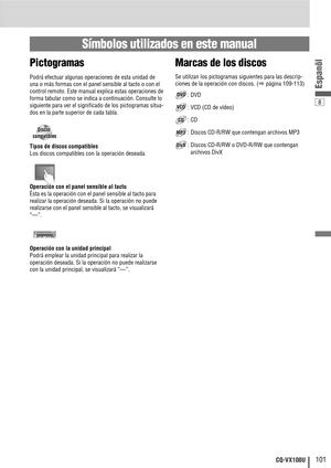 Page 98
101CQ-VX100U
Espanõl
Pictogramas
Podrá efectuar algunas operaciones de esta unidad de
una o más formas con el panel sensible al tacto o con el
control remoto. Este manual explica estas operaciones de
forma tabular como se indica a continuación. Consulte lo
siguiente para ver el significado de los pictogramas situa-
dos en la parte superior de cada tabla.
Símbolos utilizados en este manual
Marcas de los discos
Se utilizan los pictogramas siguientes para las descrip-
ciones de la operación con discos. (...