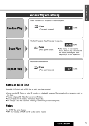 Page 1317CQ-VX2200U
1
E
N
G
L
I
S
H
8
Various Way of Listening
Random Play
Scan Play
Repeat Play
: Press
(Press again to cancel)
4RANDOM
: Press
(Press again to cancel)
5SCAN
: Press
(Press again to cancel)
6REPEAT
R
SCAN
REP
Lights
Lights
Lights ¡After playing 10 seconds of all
tracks, the scan play is finished and
the starting position goes to the
beginning of the first played track.
Notes on CD-R Disc
A playable CD-R disc is only a CD-R disc on which sound was recorded.
¡Some recorded CD-R discs by using CD...