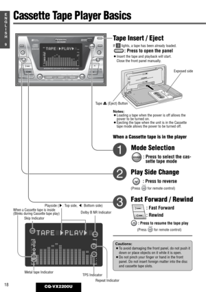 Page 14CD EJECTM
D
 E
J
E
C
TuuMD ININTEGRATED CD/CASSETTE RECEIVER WITH DSPVX2200
CD IN
RESET
18CQ-VX2200U
9
E
N
G
L
I
S
H
DISPSPACE123456
REMOTE
REVERSE
SOURCEOPEN
OPEN
S·A
D·M
REPEAT
REPEATDSP SPACE DISPLAY CLOCK
SELS·A
TUNE
TRACK
SCAN RANDOM
CQ-VX2200
INTEGRATED CD/CASSETTE RECEIVER WITH DSP
MTL B NR TPS SKIP
MUTE
VOL
AUTO·P
S·ANALYZERPWR
Human
Equalizer
FM■  DISC
AM45DISC AM45DISC
When a Cassette tape is in the player
Cassette Tape Player Basics
SKIP
REP
TPS
B NR
MTL
Tape Insert / Eject
If  lights, a tape...