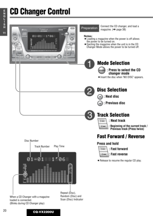 Page 16DISPSPACE123456
REMOTE
REVERSE
SOURCEOPEN
OPEN
S·A
D·M
REPEAT
REPEATDSP SPACE DISPLAY CLOCK
SELS·A
TUNE
TRACK
SCAN RANDOM
CQ-VX2200
INTEGRATED CD/CASSETTE RECEIVER WITH DSP
MTL B NR TPS SKIP
MUTE
VOL
AUTO·P
S·ANALYZERPWR
Human
Equalizer
FM■  DISC
AM45DISC AM45DISCDISCREPRSCAN
MTL
01-01  1’06
20CQ-VX2200U
11
E
N
G
L
I
S
H
DISC
REPRSCAN
MTL
01-01  1’06
Connect the CD changer, and load a
magazine. 
(apage 38)
Disc Number
Track NumberPlay Time
CD Changer Control
SOURCE
Preparation
¡Insert the disc when NO...