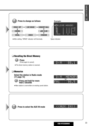 Page 1923CQ-VX2200U
1
E
N
G
L
I
S
H
14
: Press to change as followsSPACE
SPACE  OFFLIVE HOUSE
DISCOVOCAL
CINEMAJAZZ CLUB
CONCERT HALL
STADIUM
: Press to select the AUX IN mode: Press
(Press again to cancel)
D·M
¡New station is overwritten on existing saved station.
¡The direct memory station is received.
: Press and hold for more
than 2 secondsD·M
 D·M   88.1
 D·M  MEMORY
FM1    98.5
¡After setting, SPACE indicator will illuminate.
SOURCE 
Select the station in Radio mode
(apage 14)
❏Recalling the Direct...