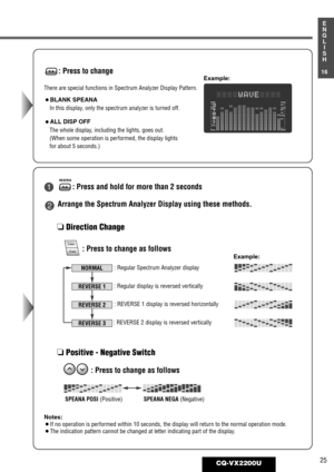 Page 2125CQ-VX2200U
16
E
N
G
L
I
S
H
: Press to change S·A
: Press and hold for more than 2 secondsS·A
: Press to change as follows
: Press to change as follows
REVERSE
Example:
DISCREPRSCAN
TPS
LOCMTL
    WAVE¡BLANK SPEANA
In this display, only the spectrum analyzer is turned off.
¡ALL DISP OFF
The whole display, including the lights, goes out.
(When some operation is performed, the display lights 
for about 5 seconds.) There are special functions in Spectrum Analyzer Display Pattern.
❏Direction Change...