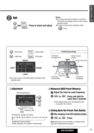 Page 23DISCREPRSCAN
TPS
LOC
EQ
MTL
GEQ-1 1.6kHz
27CQ-VX2200U
1
E
N
G
L
I
S
H
18
and : Press to select and adjust
• Recreation
• Enjoyable drive
• Calm down
• Concentration• Safe drive• Stress relieving
• Refresh
• Listen to the music
• Rhythmical
• Awakening
Heavy
LightSharp
Soft
Frequency (Hz)(dB) Level
GEQ Preset Number
80 160 320 6401.6k4 k10 k
¡A cursor moves in the HEQ display and blinks at the
adjusted point.
SHARP SOFT
LIGHT
DISCREPRSCAN
TPS
LOC
EQ
MTL
SOFT1 HEAVY1
HEAVY
SetNotes: 
¡If no keys have been...