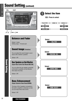 Page 24DISPSPACE123456
REMOTE
REVERSE
SOURCEOPEN
OPEN
S·A
D·M
REPEAT
REPEATDSP SPACE DISPLAY CLOCK
SELS·A
TUNE
TRACK
SCAN RANDOM
CQ-VX2200
INTEGRATED CD/CASSETTE RECEIVER WITH DSP
MTL B NR TPS SKIP
MUTE
VOL
AUTO·P
S·ANALYZERPWR
Human
Equalizer
FM■  DISC
AM45DISC AM45DISCDISCREPRSCAN
TPS
LOC
EQ
MTL
28CQ-VX2200U
19
E
N
G
L
I
S
H
Sound Setting
Select 
SUPER  BASS
Rear Speakers as Sub-Woofers
(Super Base Control Sub-Woofer/SBC-SW)
You can utilize the rear speaker connected
to the built-in amplifier as Sub-Woofers...