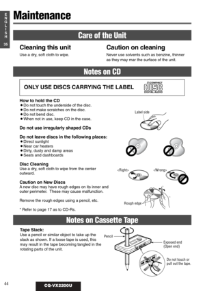 Page 4044CQ-VX2200U
35
E
N
G
L
I
S
H
Notes on CD
Care of the Unit
Notes on Cassette Tape
ONLY USE DISCS CARRYING THE LABEL
How to hold the CD
¡Do not touch the underside of the disc.
¡Do not make scratches on the disc.
¡Do not bend disc.
¡When not in use, keep CD in the case.
Do not use irregularly shaped CDs
Do not leave discs in the following places:
¡Direct sunlight
¡Near car heaters
¡Dirty, dusty and damp areas
¡Seats and dashboards
Disc Cleaning
Use a dry, soft cloth to wipe from the center 
outward....