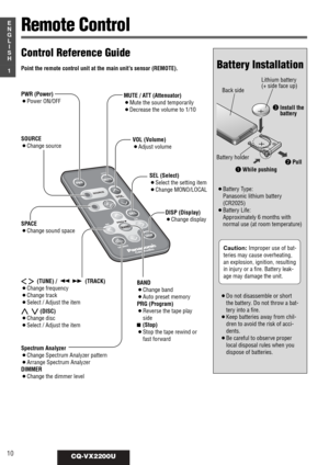 Page 610CQ-VX2200U
1
E
N
G
L
I
S
HRemote Control
¡Do not disassemble or short
the battery. Do not throw a bat-
tery into a fire.
¡Keep batteries away from chil-
dren to avoid the risk of acci-
dents.
¡Be careful to observe proper
local disposal rules when you
dispose of batteries. Caution:Improper use of bat-
teries may cause overheating,
an explosion, ignition, resulting
in injury or a fire. Battery leak-
age may damage the unit. ¡Battery Type:
Panasonic lithium battery
(CR2025)
¡Battery Life:
Approximately 6...