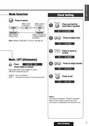 Page 913CQ-VX2200U
1
E
N
G
L
I
S
H
4
Decreasing volume range depends on setting.
(MUTE/ATT setting apage 30)
¡MUTE : No sound (Default)
¡ATT: Decrease the volume to 1/10 of previous level.
TUNERCDTAPE
AUXILIARYCHANGER
Mode Selection
Note:Skipping “AUXILIARY” can be set. (apage 30)
Mute / ATT (Attenuator)
: Press to select
Clock Setting 
: Press to move to
minute : Press and hold for
more than 2 seconds 
: Press to adjust hour
: Press to adjust minute
     12:00
      8:00
      8:00
      8:15
      8:15
DISP...