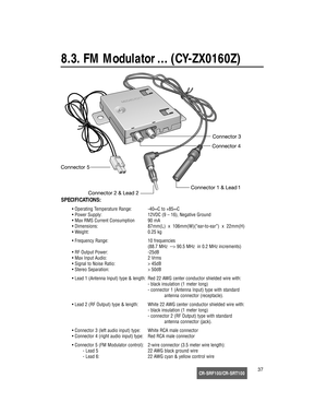 Page 38CR-SRF100/CR-SRT10037
8.3. FM Modulator … (CY-ZX0160Z)
SPECIFICATIONS:
• Operating Temperature Range: -40∞C to +85∞C
• Power Supply: 12VDC (9 – 16), Negative Ground
• Max RMS Current Consumption 90 mA
• Dimensions: 87mm(L)  x  106mm(W)(“ear-to-ear”)  x  22mm(H)
• Weight: 0.25 kg
• Frequency Range: 10 frequencies
(88.7 MHz  --> 90.5 MHz  in 0.2 MHz increments)
• RF Output Power: -25dB
• Max Input Audio: 2 Vrms
• Signal to Noise Ratio: > 45dB
• Stereo Separation: > 50dB
• Lead 1 (Antenna Input) type &...