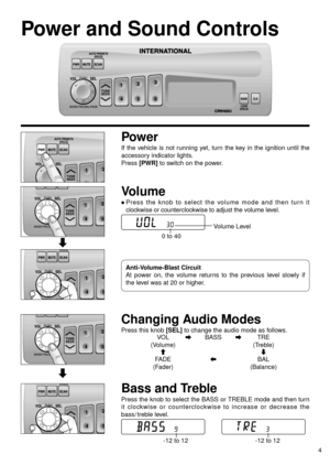 Page 54
Power and Sound Controls
Power
If the vehicle is not running yet, turn the key in the ignition until the
accessory indicator lights.
Press 
[PWR]to switch on the power.
Changing Audio Modes
Press this knob [SEL]to change the audio mode as follows.
VOLaBASSaTRE
(Volume) (Treble)
cdFADEbBAL
(Fader) (Balance)
Volume
µPress the knob to select the volume mode and then turn it
clockwise or counterclockwise to adjust the volume level.
Bass and Treble
Press the knob to select the BASS or TREBLE mode and then...