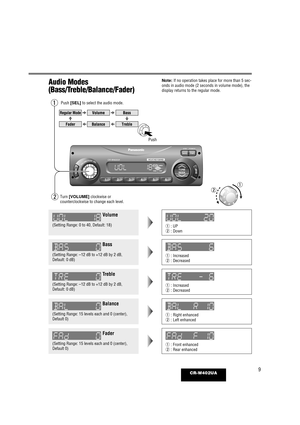 Page 99CR-W402UA
Audio Modes
(Bass/Treble/Balance/Fader)Note:If no operation takes place for more than 5 sec-
onds in audio mode (2 seconds in volume mode), the
display returns to the regular mode.
Push [SEL] to select the audio mode.
Turn [VOLUME]   clockwise or
counterclockwise to change each level.
Push
VOLUME/PUSHSEL
R
E
WO
PR E
WOPMP
AM PADNA
B DNA
B
123456
ENU
TE NUT
KE
ES KE
ESMUTEDISPDISP
SQCLOCK
CR-W402U
CR-W402UA RW
PR W
P
(Setting Range: 0 to 40, Default: 18)
V olume
q : UP
w : Down
(Setting Range:...