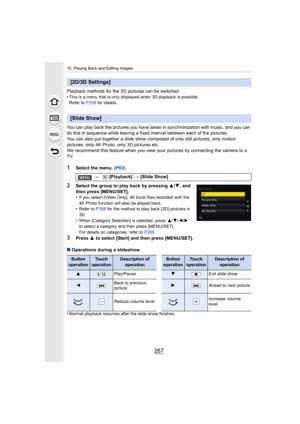 Page 267267
10. Playing Back and Editing Images
Playback methods for the 3D pictures can be switched.
•This is a menu that is only displayed when 3D playback is possible.
Refer to P358 for details.
You can play back the pictures you have taken in synchronization with music, and you can 
do this in sequence while leaving a fixed interval between each  of the pictures.
You can also put together a slide show composed of only still p ictures, only motion 
pictures, only 4K Photo, only 3D pictures etc.
We recommend...
