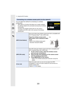 Page 329329
11. Using the Wi-Fi function
You can select the method for connecting to a wireless 
access point.
¢WPS refers to a function that allows you to easily configure 
the settings related to the connection and security of wireless  
LAN devices.
To check if the wireless access point you are using is 
compatible with WPS, refer to the manual of the wireless 
access point.
Connecting via a wireless access point (via the network)
[WPS (Push-Button)] Save push button type wireless access point that is...