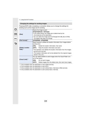 Page 33611. Using the Wi-Fi function
336
Pressing [DISP.] after completing a connection allows you to change the settings for 
sending such as the image size for sending.
¢ 1 Only available when the destination is set to [Web service].
¢ 2 Only available when the destination is set to [PC].
¢ 3 Only available when the destination is set to [Cloud Sync. Ser vice] or [Web service].
¢ 4 Only available when the destination is set to [Cloud Sync. Ser vice].
Changing the settings for sending images
[Size]Resize the...