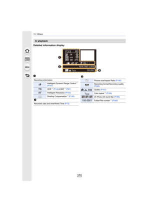 Page 37013. Others
370
Detailed information display
In playback
F3.560
P
s
RGB
AFS200
0WBWBISOISOAWB
STD.STD.STD.
L4:3100-0001
10:00  DEC.1.2015



1
Recording information
Intelligent Dynamic Range Control¢
3 
(P143)
HDR¢ 4 (P144) /iHDR¢4 (P87)
Intelligent Resolution  (P143)
Shading Compensation¢4 (P145)
2
Recorded date and time/World Time  (P73)
3
Picture size/Aspect Ratio (P140)
Recording format/Recording quality 
(P246)
A›Quality (P141)
Color space¢4 (P146)
4K Photo (4K burst file) (P185)...