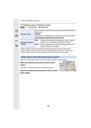 Page 4545
2. Getting Started/Basic Operations
Displaying a picture right after it is taken
•
When [Duration Time] is set to [HOLD], [Playback Operation Prio rity] is fixed to [ON].•When recording with the 4K Photo function, settings available for [Duration Time] in [Auto 
Review] change to [ON] and [OFF]. [Playback Operation Priority]  is fixed to [ON].
Press the motion picture button to start and stop recording a motion picture.
Start recording by pressing the motion picture 
button.
•Release the motion...