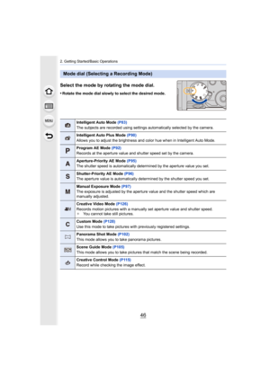 Page 462. Getting Started/Basic Operations
46
Select the mode by rotating the mode dial.
•Rotate the mode dial slowly to select the desired mode.
Mode dial (Selecting a Recording Mode)
Intelligent Auto Mode (P83)
The subjects are recorded using settings automatically selected  by the camera.
Intelligent Auto Plus Mode (P90)
Allows you to adjust the brightness and color hue when in Intel ligent Auto Mode.
Program AE Mode (P92)
Records at the aperture value and shutter speed set by the came ra.
Aperture-Priority...