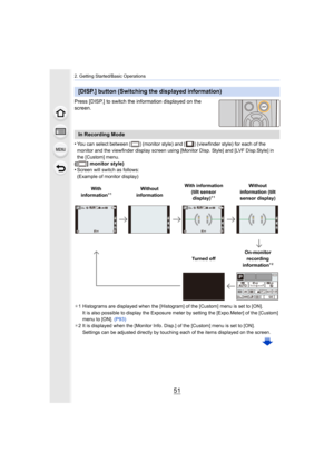 Page 5151
2. Getting Started/Basic Operations
Press [DISP.] to switch the information displayed on the 
screen.
•
You can select between [ ] (monitor style) and [ ] (viewfinder style) for each of the 
monitor and the viewfinder display screen using [Monitor Disp. Style] and [LVF Disp.Style] in 
the [Custom] menu.
([ ] monitor style)
•Screen will switch as follows:
(Example of monitor display)
¢ 1 Histograms are displayed when the [Histogram] of the [Custom]  menu is set to [ON].
It is also possible to display...