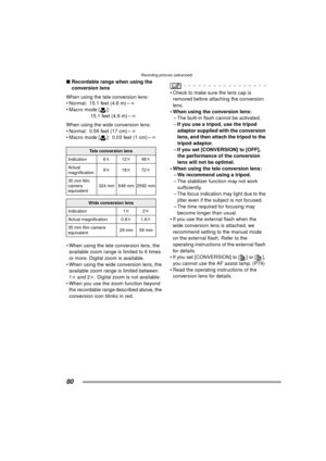 Page 80Recording pictures (advanced)
80
∫Recordable range when using the 
conversion lens
When using the tele conversion lens:
 Normal: 15.1 feet (4.6 m) – ¶
 Macro mode [ ]:
15.1 feet (4.6 m) – ¶
When using the wide conversion lens:
 Normal: 0.56 feet (17 cm) – ¶
 Macro mode [ ]: 0.03 feet (1 cm) – ¶
 When using the tele conversion lens, the  available zoom range is limited to 6 times 
or more. Digital zoom is available.
 When using the wide conversion lens, the  available zoom range is limited between...