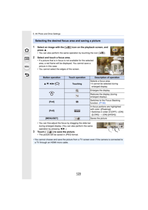 Page 129129
5. 4K Photo and Drive Settings
1Select an image with the [ ] icon on the playback screen, and 
press 3.
• You can also perform the same operation by touching the icon [ ].
2Select and touch a focus area.• If a picture that is in focus is not available for the selected 
area, a red frame will be disp layed. You cannot save a 
picture in this case.
• You cannot select the edges of the screen.
• You can fine-adjust the focus by dragging the slide bar 
during enlarged display. (You can also perform the...