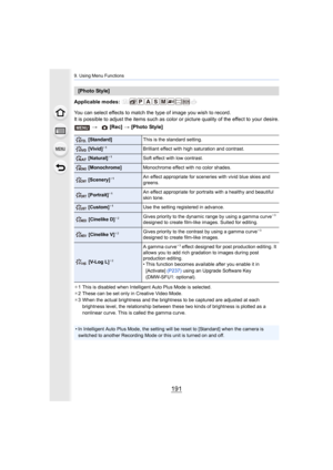 Page 191191
9. Using Menu Functions
Applicable modes: 
You can select effects to match the type of image you wish to record.
It is possible to adjust the items such as color or picture qua lity of the effect to your desire.
¢1 This is disabled when Intelligent Auto Plus Mode is selected.
¢ 2 These can be set only in Creative Video Mode.
¢ 3 When the actual brightness and the brightness to be captured a re adjusted at each 
brightness level, the relationship between these two kinds of brightness is plotted as a...