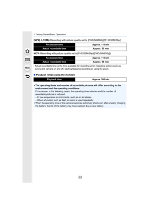 Page 2323
2. Getting Started/Basic Operations
[MP4] (LPCM) (Recording with picture quality set to  [FHD/50M/60p]/[FHD/50M/5 0p])
MOV  (Recording with picture quality set to [FHD/50M/60p]/[FHD/50M/50 p])
• Actual recordable time is the time available for recording when repeating actions such as 
turning the camera on and off, starting/stopping recording or u sing the zoom.
∫Playback (when using the monitor)
Recordable time Approx. 110 min
Actual recordable time Approx. 55 min
Recordable timeApprox. 110 min...