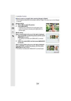 Page 2389. Using Menu Functions
238
∫How to select an image(s) after selecting [Single] or [Multi] • When [Single] and [Multi] are not available, select an image i n the same way as when [Single] 
is selected.
[Single] setting1Press  2/1  to select the picture.2Press [MENU/SET].• If [Set/Cancel] is displayed at the right bottom of the 
screen, the setting is canceled when [MENU/SET] is 
pressed again.
[Multi] setting
When a screen similar to the one on the right is displayed:
1Press  3/4/ 2/1 to select the...