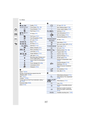 Page 317317
12. Others
2
A›Quality (P197)
Focus Mode (P89, 100)
Focus Bracket (P142)
Post Focus  (P127)
š  
ØAF Mode (P91)
Pull Focus (P167)
Face Recognition  (P208)
AF Lock (P102)
Burst (P114)
4K Photo (P117)
Self-timer  (P132)
 Battery indication  (P21)
Macro recording ( P 111 )
Level Shot (P212)
Image Stabilizer  (P143)
Jitter alert (P144)
Recording state (Flashes red.)/
Focus (Lights green.)  (P39)
Focus (Under low illumination) 
(P88)
Focus (Starlight AF) (P88)
Connected to Wi-Fi
Histogram (P224)
3
Name¢3...