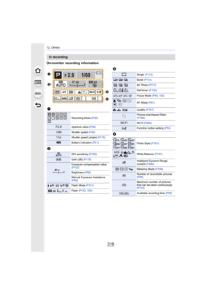 Page 319319
12. Others
On-monitor recording information
In recording
1
Recording Mode  (P40)
F2.8Aperture value (P39)
1/60Shutter speed (P39)
11 dShutter speed (angle)  (P179)
Battery indication (P21)
2
ISO sensitivity (P105)
0dBGain (dB) (P179)
Exposure compensation value 
(P103)
Brightness (P65)
Manual Exposure Assistance 
(P69)
‰ŒFlash Mode (P151)
Flash (P153, 155)
F 2.8
98AW B
1/60
000
Fn
ISOAUTO
Wi-FiL3:2AFSAFS




C11EXPS EXPS
ISOAUTO
00
WL
3
Single 
(P113)
Burst (P114)
4K Photo  (P117)
Self-timer...