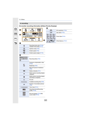 Page 32012. Others
320
On-monitor recording information ([Video-Priority Display])
In recording
1
Recording frame rate  (P159)/
Variable Frame Rate  (P173)
Aperture value (P39)
Shutter speed (P39)
Shutter speed (angle)  (P179)
2
Recording Mode (P40)
Exposure compensation value 
(P103)
Brightness (P65)
Manual Exposure Assistance 
(P69)
Battery indication  (P21)
Motion picture recording display 
(stopped)
Motion picture recording display 
(recording in progress)
No card
Available recording time  (P29)
98Number of...