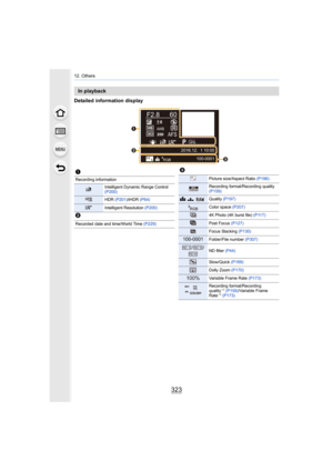 Page 323323
12. Others
Detailed information display
In playback
F2.860
P
s
RGB
AFS200
0WBWBISOISOAWB
STD.STD.STD.
L3:2100-0001
2016.12.  1 10:00


1
Recording information
Intelligent Dynamic Range Control 
(P200)
HDR (P201)
/iHDR (P64)
Intelligent Resolution  (P200)
2
Recorded date and time/World Time (P229)
3
Picture size/Aspect Ratio  (P196)
Recording format/Recording quality 
(P159)
A›Quality (P197)
Color space (P207)
4K Photo (4K burst file) (P117)
Post Focus (P127)
Focus Stacking (P130)...