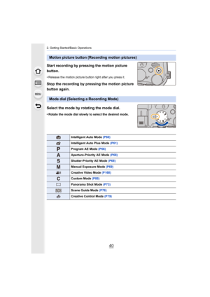 Page 402. Getting Started/Basic Operations
40
Start recording by pressing the motion picture 
button.
• Release the motion picture button right after you press it.
Stop the recording by pressing the motion picture 
button again.
Select the mode by rotating the mode dial.
• Rotate the mode dial slowly to select the desired mode.
Motion picture button (Recording motion pictures)
Mode dial (Selecting a Recording Mode)
Intelligent Auto Mode (P60)
Intelligent Auto Plus Mode  (P61)
Program AE Mode (P66)...