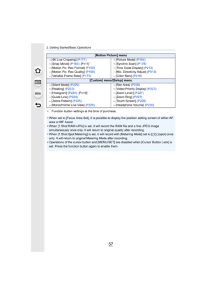 Page 5757
2. Getting Started/Basic Operations
¢Function button settings at the time of purchase.
[Motion Picture] menu
– [4K Live Cropping]  (P171)
– [Snap Movie]  (P165): [Fn11]
¢
– [Motion Pic. Rec Format]  (P159)
– [Motion Pic. Rec Quality]  (P159)
– [Variable Frame Rate]  (P173)– [Picture Mode] 
(P164)
– [Synchro Scan]  (P178)
– [Time Code Display]  (P213)
– [Mic. Directivity Adjust] (P313)
– [Color Bars]  (P218)
[Custom] menu/[Setup] menu
– [Silent Mode]  (P220)
– [Peaking]  (P223)
– [Histogram]  (P224):...
