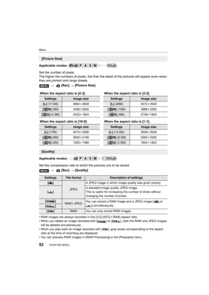 Page 52Menu
52DVQX1028 (ENG) 
Applicable modes: 
Set the number of pixels.
The higher the numbers of pixels, the finer the detail of the pictures will appear even when 
they are printed onto large sheets.
Applicable modes: 
Set the compression rate at which the pictures are to be stored.
• RAW images are always recorded in the [3:2] (5472 k3648) aspect ratio.
• When you delete an image recorded with [ ] or [ ], both the RAW  and JPEG images 
will be deleted simultaneously.
• When you play back an image recorded...